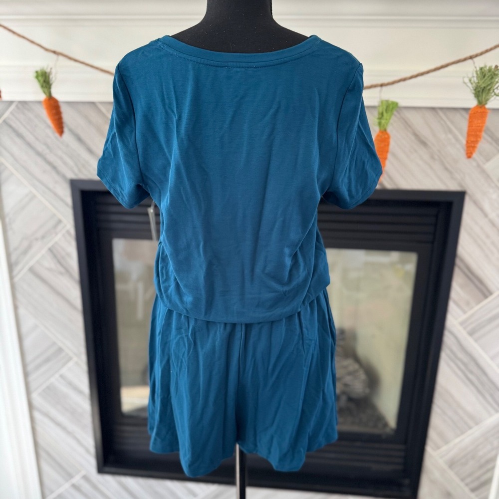 Daily Ritual Teal Romper V-Neck Short Sleeve Drawstring Waist Casual M - Picture 4 of 6